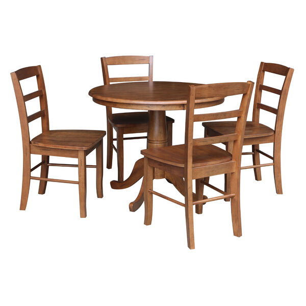 Distressed Oak 36-Inch Round Top Pedestal Dining Table with Four Ladderback Chair, Five-Piece, image 2