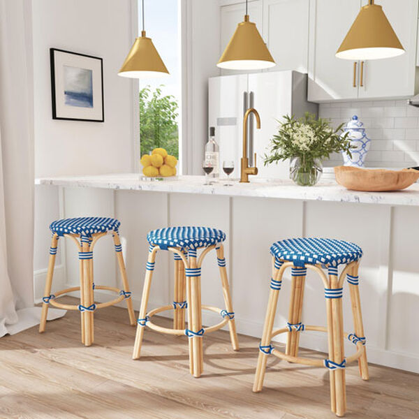 Tobias Bright Sky Blue and White Dot on Natural Rattan Counter Stool, image 8