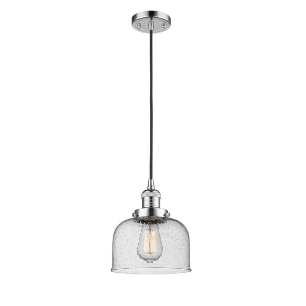 Large Bell Polished Chrome One-Light Mini Pendant with Seedy Glass, image 1