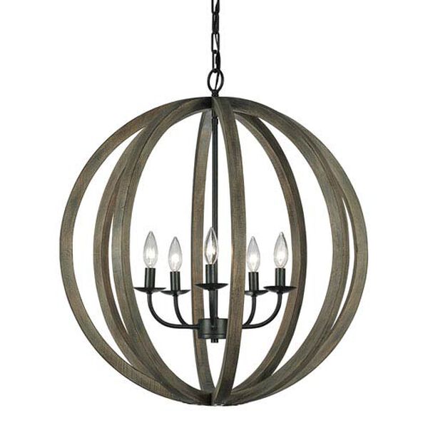 Allier Weather Oak Wood and Antique Forged Iron Five-Light Large Pendant, image 1