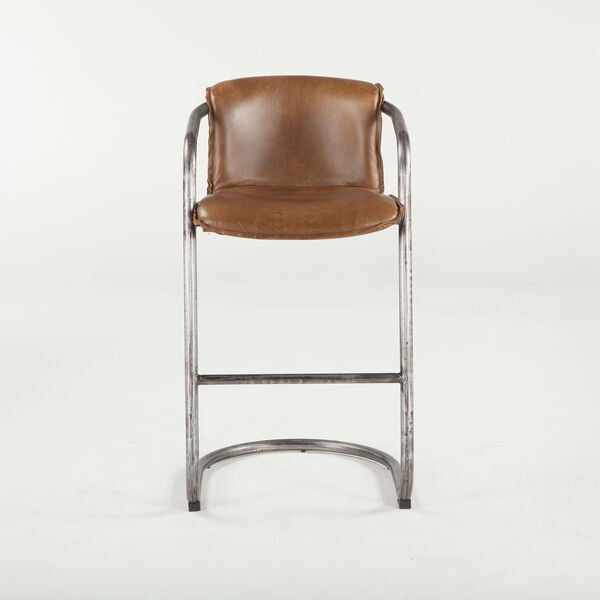Set of Two Distressed Brown Leather Bar-Height Stools, image 1
