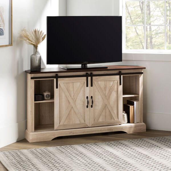 Traditional Brown and White Oak Sliding Barn Door Corner TV Stand, image 6