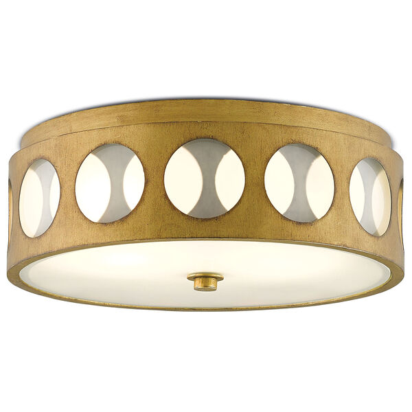Go-Go Brass and White Opaque Glass Two-Light Fluorescent Flush Mount, image 1
