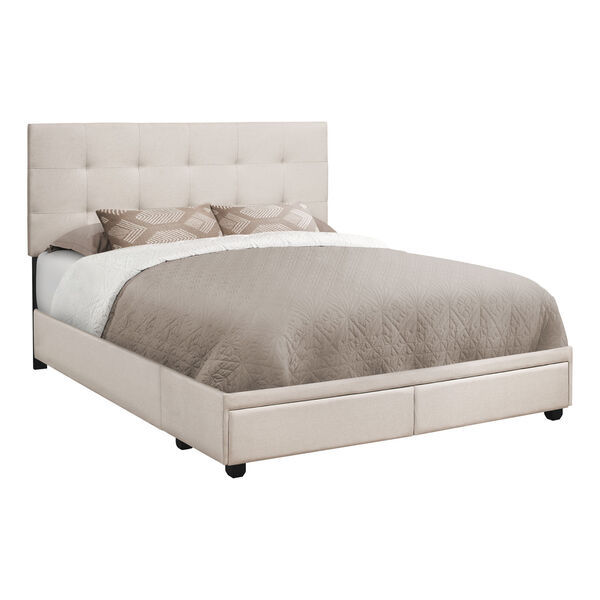 Beige Queen Bed with Two Storage Drawers, image 1