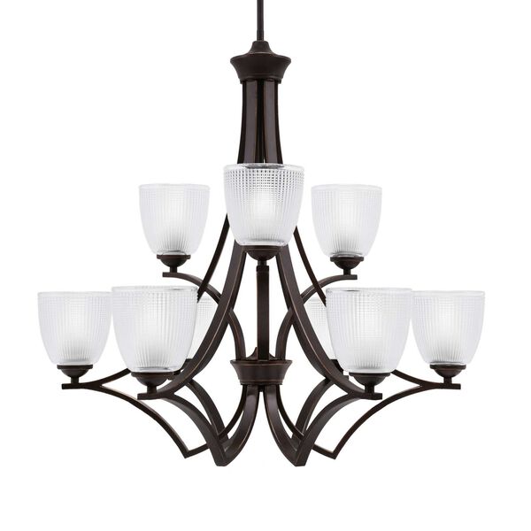Zilo Dark Granite Nine-Light Chandelier with Five-Inch Clear Ribbed Glass, image 1