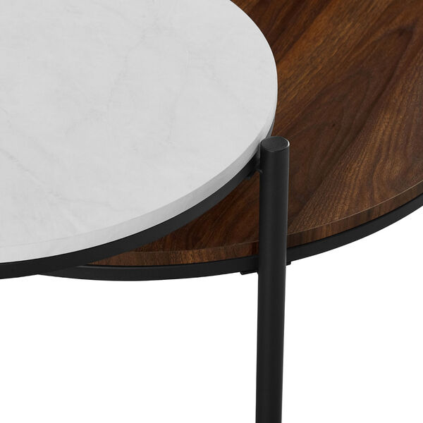 Ella Faux White Marble and Dark Walnut Round Two-Tiered Coffee Table, image 5