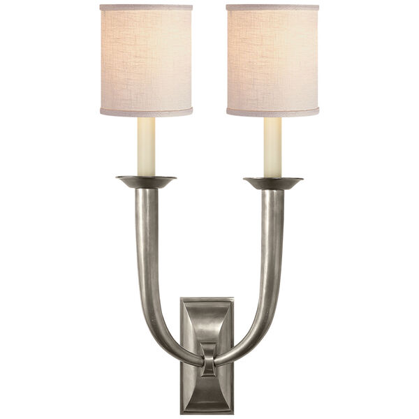 French Deco Horn Double Sconce in Antique Nickel with Linen Shades by Studio VC, image 1