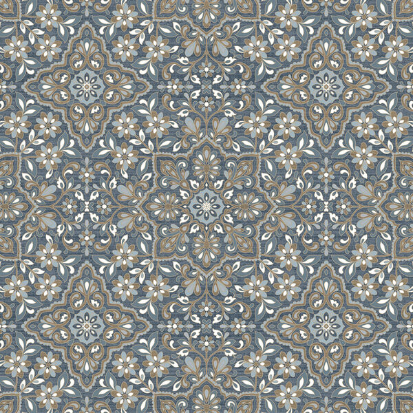 Blue and Metallic Gold Floral Tile Wallpaper, image 1