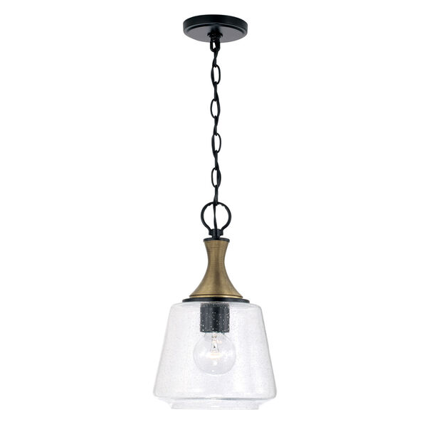Amara Matte Black with Brass One-Light Pendant with Diamond Embossed Glass and Black Braided Cord, image 1