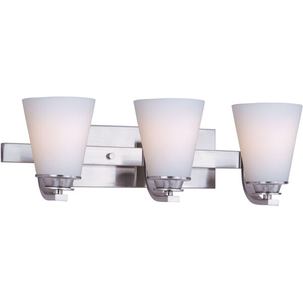 Conical Satin Nickel Three-Light Bath Light with Satin White Glass, image 1