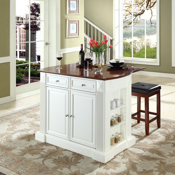 Drop Leaf Breakfast Bar Top Kitchen Island in White Finish with 24-Inch Cherry Upholstered Square Seat Stools, image 5