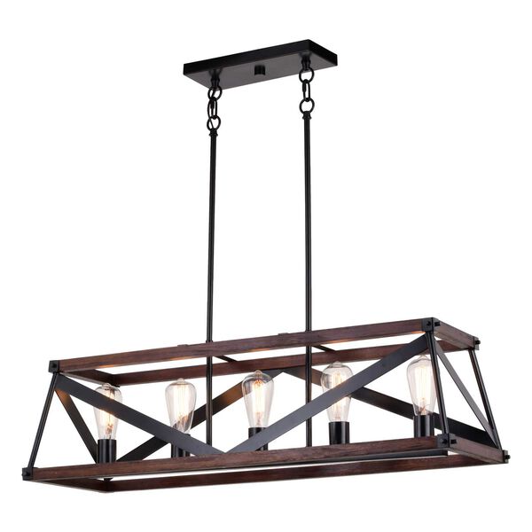 Wade Matte Black and Sycamore Five-Light Linear Chandelier, image 1