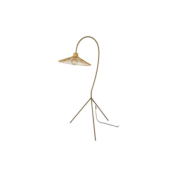 Antique Brass One-Light Floor Lamp with Rattan Umbrella Shade, image 1