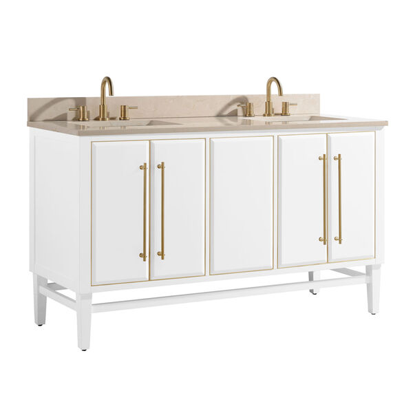 White 61-Inch Bath vanity Set with Gold Trim and Crema Marfil Marble Top, image 2