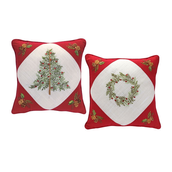 Green Tree and Wreath Pillow , Set of Two, image 1