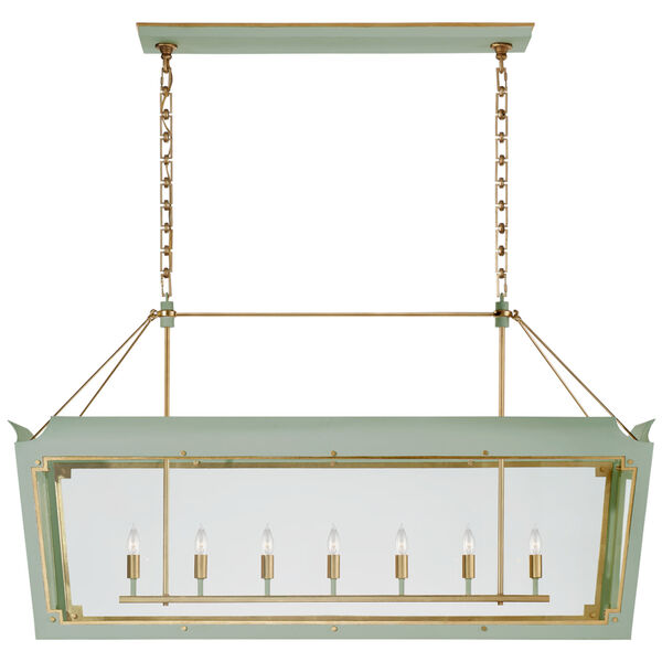 Caddo Large Linear Lantern in Celadon and Gild with Clear Glass by Julie Neill, image 1