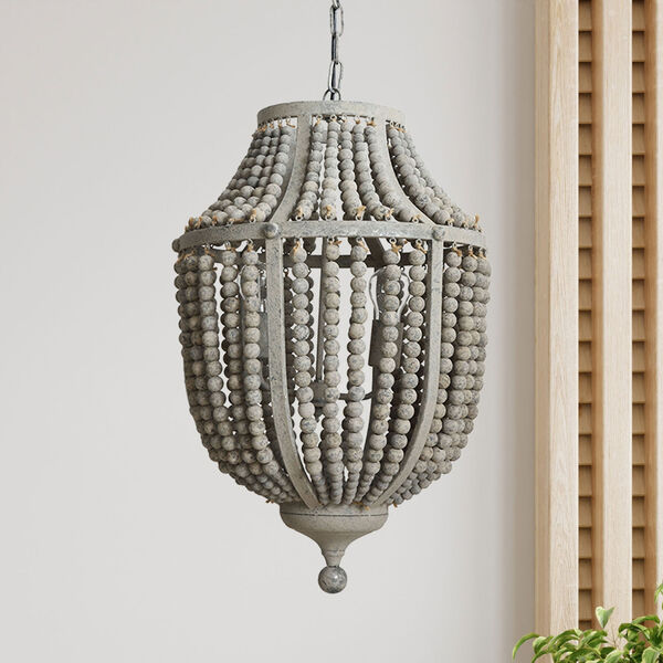 Gray Two-Light Wood and Metal Bead Chandelier, image 5