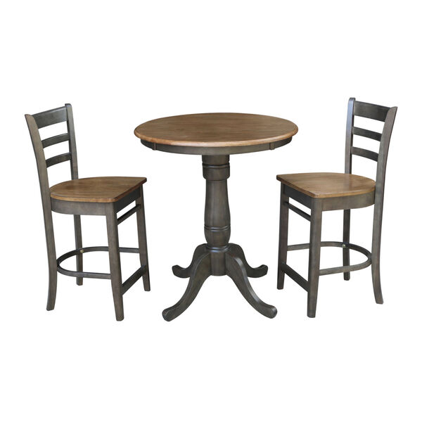 Emily Hickory and Washed Coal 30-Inch Pedestal Gathering Height Table With Counter Height Stools, Three-Piece, image 1