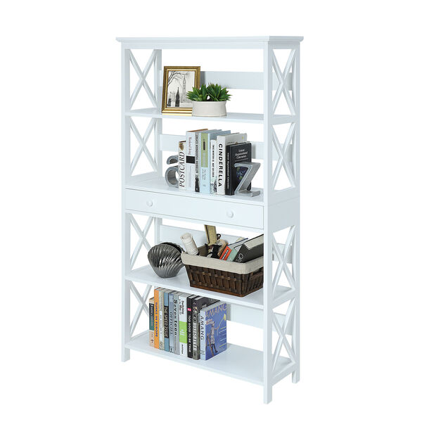 Oxford 5-Tier Bookcase with Drawer, White, image 3