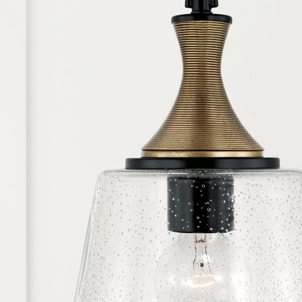 Amara Matte Black with Brass One-Light Pendant with Diamond Embossed Glass and Black Braided Cord, image 3