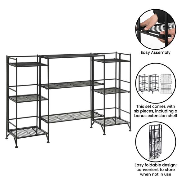 Xtra Storage Black Three-Tier Folding Metal Shelves with Set of Three Extension Shelves, image 4