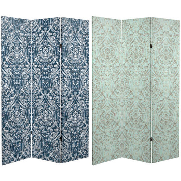 Tall Double Sided Ocean Damask Green and Blue Canvas Room Divider, image 1