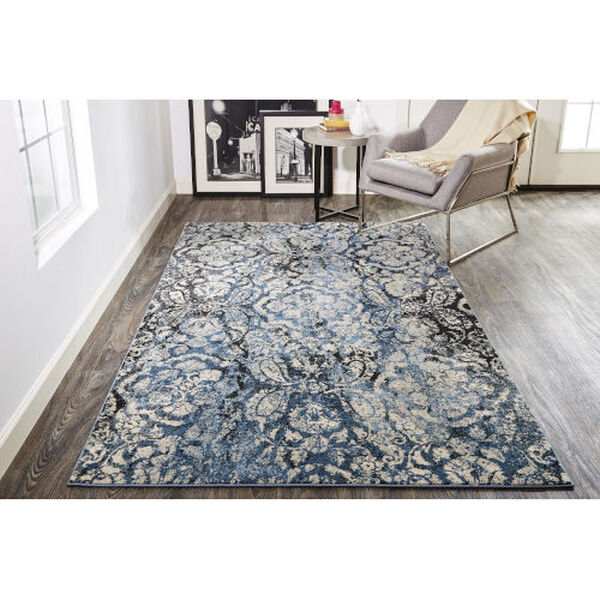 Ainsley Modern Distressed Floral Blue Black Rectangular: 4 Ft. 3 In. x 6 Ft. 3 In. Area Rug, image 2