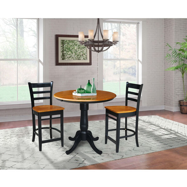 Black and Cherry 36-Inch Round Counter Height Extension Dining Table with Two Counter Stool, Three-Piece, image 1