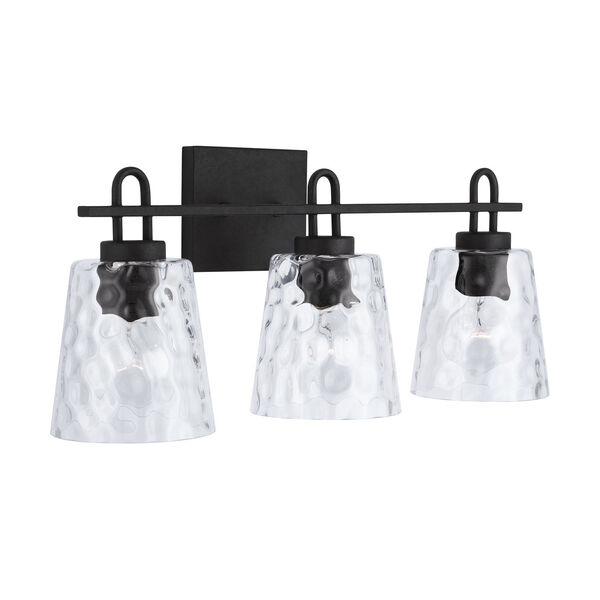 Black Iron Three-Light Bath Vanity with Clear Water Glass, image 5