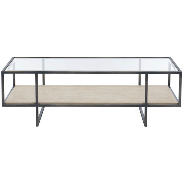 Freestanding Occasional Bronze, White Travertine Stone and Clear 54-Inch Cocktail Table, image 1