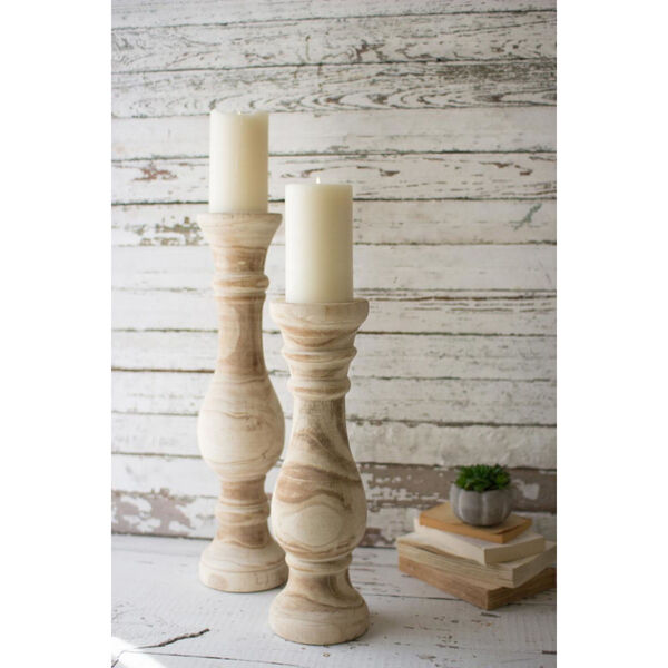 Beige Hand Carved Wooden Candle Stand, Set of Two, image 1