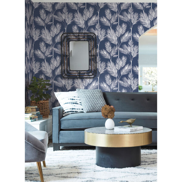 Waters Edge Navy King Palm Silhouette Pre Pasted Wallpaper, image 3