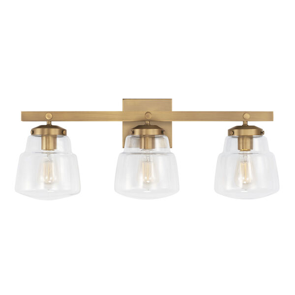 Dillon Aged Brass Three-Light Bath Vanity with Clear Glass Shades, image 2