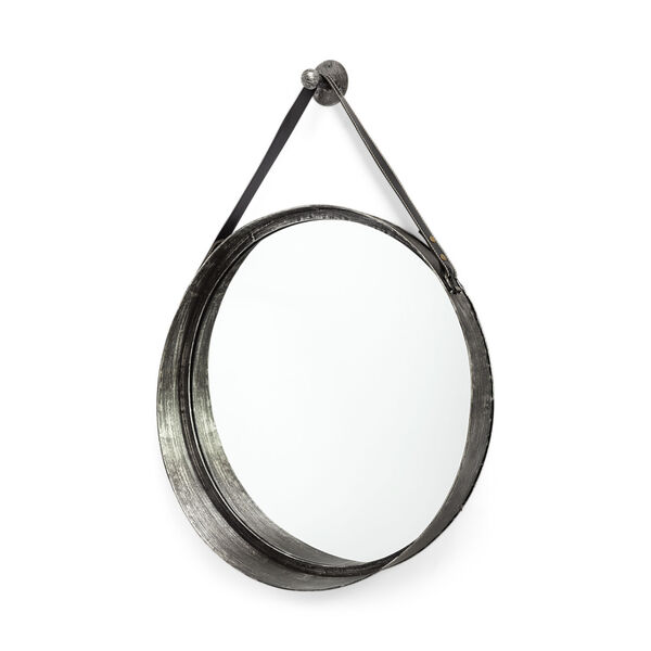 Northdale Black Round Metal Frame Wall Mirror with Leather Strap, image 2