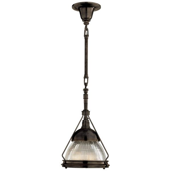 Garey Small Industrial Pendant in Bronze with Industrial Prismatic Clear Glass by Thomas O'Brien, image 1