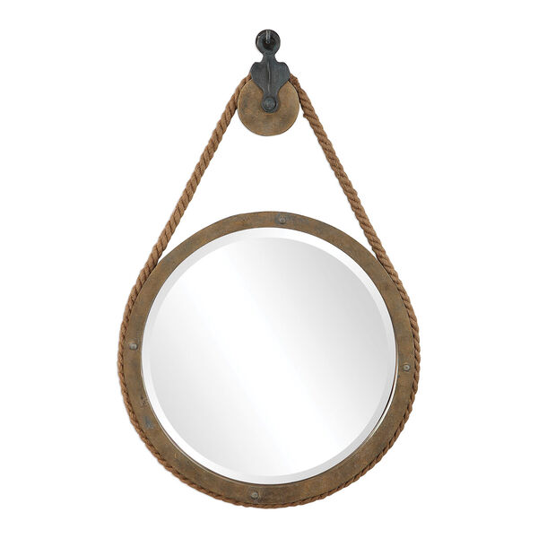 Melton Aged Natural Wood Round Pulley Mirror, image 2