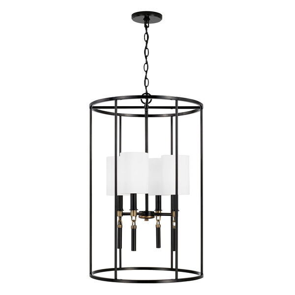 Beckham Glossy Black and Aged Brass Four-Light Cage Foyer with White Fabric Stay Straight Shades, image 1