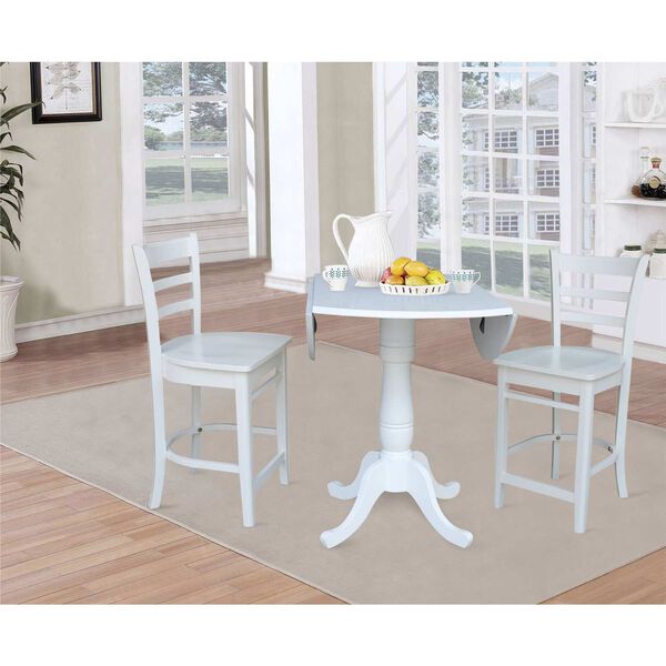 White Round Pedestal Counter Height Drop Leaf Table with Stools, 3-Piece, image 4