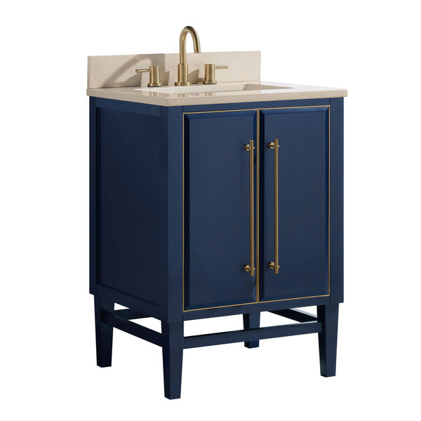 Navy Blue 25-Inch Bath vanity Set with Gold Trim and Crema Marfil Marble Top, image 2