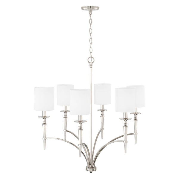 Abbie Polished Nickel and White Six-Light Chandelier with White Fabric Stay Straight Shades, image 3