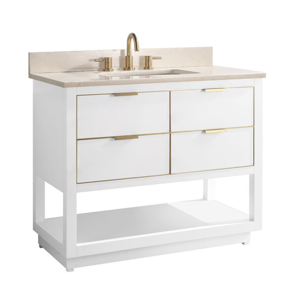 White 43-Inch Bath vanity with Gold Trim and Crema Marfil Marble Top, image 2