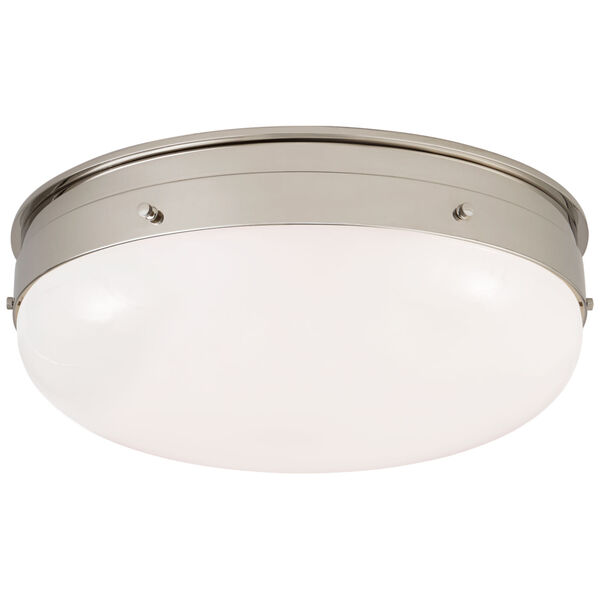 Hicks Medium Flush Mount in Polished Nickel with White Glass by Thomas O'Brien, image 1