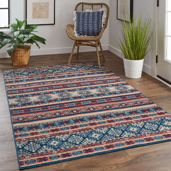 Nolan Farmhouse Diamond Blue Red Ivory Rectangular 4 Ft. 3 In. x 6 Ft. 3 In. Area Rug, image 2
