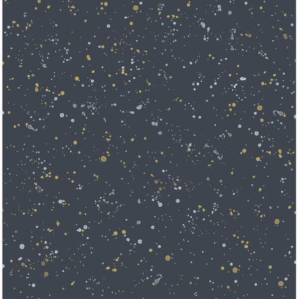 Day Dreamers Midnight Blue and Metallic Gold Paint Splatter Unpasted Wallpaper, image 1