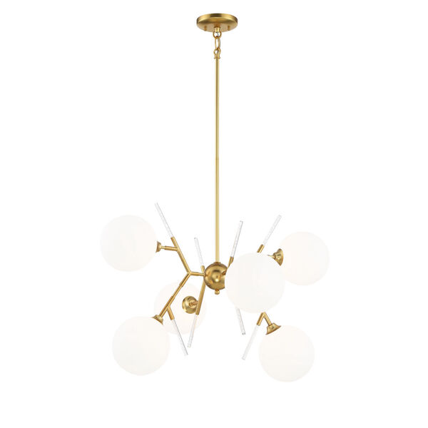 Honey Gold  Six-Light 28-Inch chandelier  With Etched White Glass Glass, image 1
