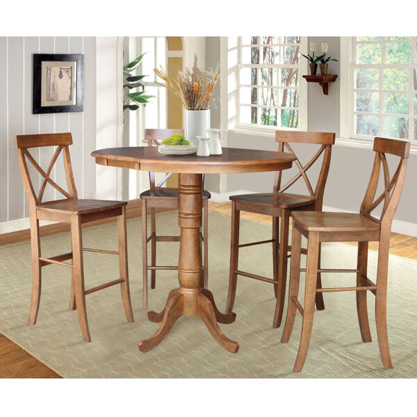 Distressed Oak 41-Inch Round Extension Dining Table with Four X-Back Stool, image 3