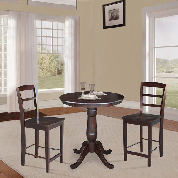 Rich Mocha 30-Inch Round Top Pedestal Dining Table with Two Counter Stool, Three-Piece, image 1