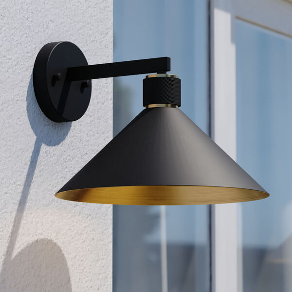 Dunbar Matte Black and Gold One-Light Outdoor Wall Sconce with Metal Shade, image 2