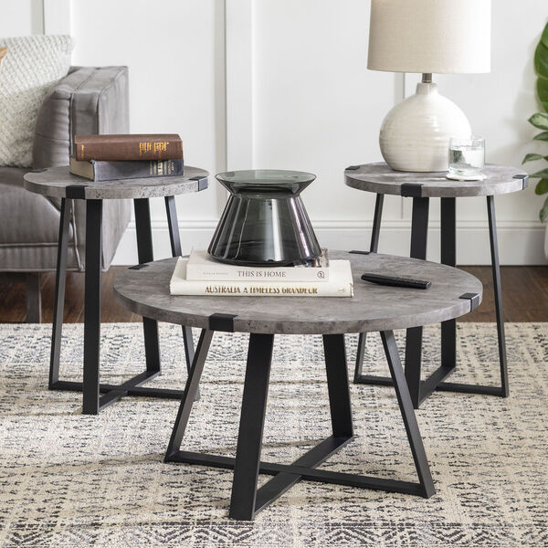 Dark Concrete Metal Wrap Coffee Table and Side Table Set, 3-Piece, image 3