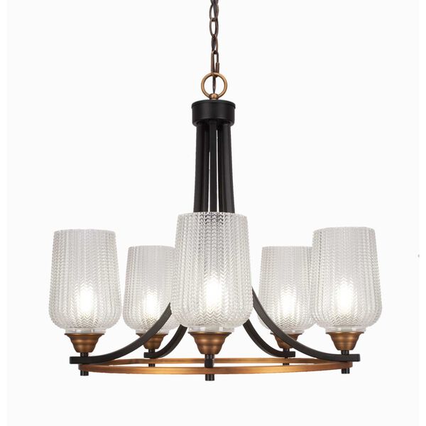 Paramount Matte Black and Brass Five-Light Chandelier with Five-Inch Clear Textured Glass, image 1